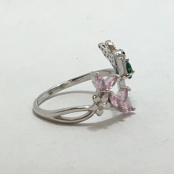 Sterling Silver Hummingbird Ring Adjustable Size 7 CZ Pink Flowers Green Body - Picture 8 of 16